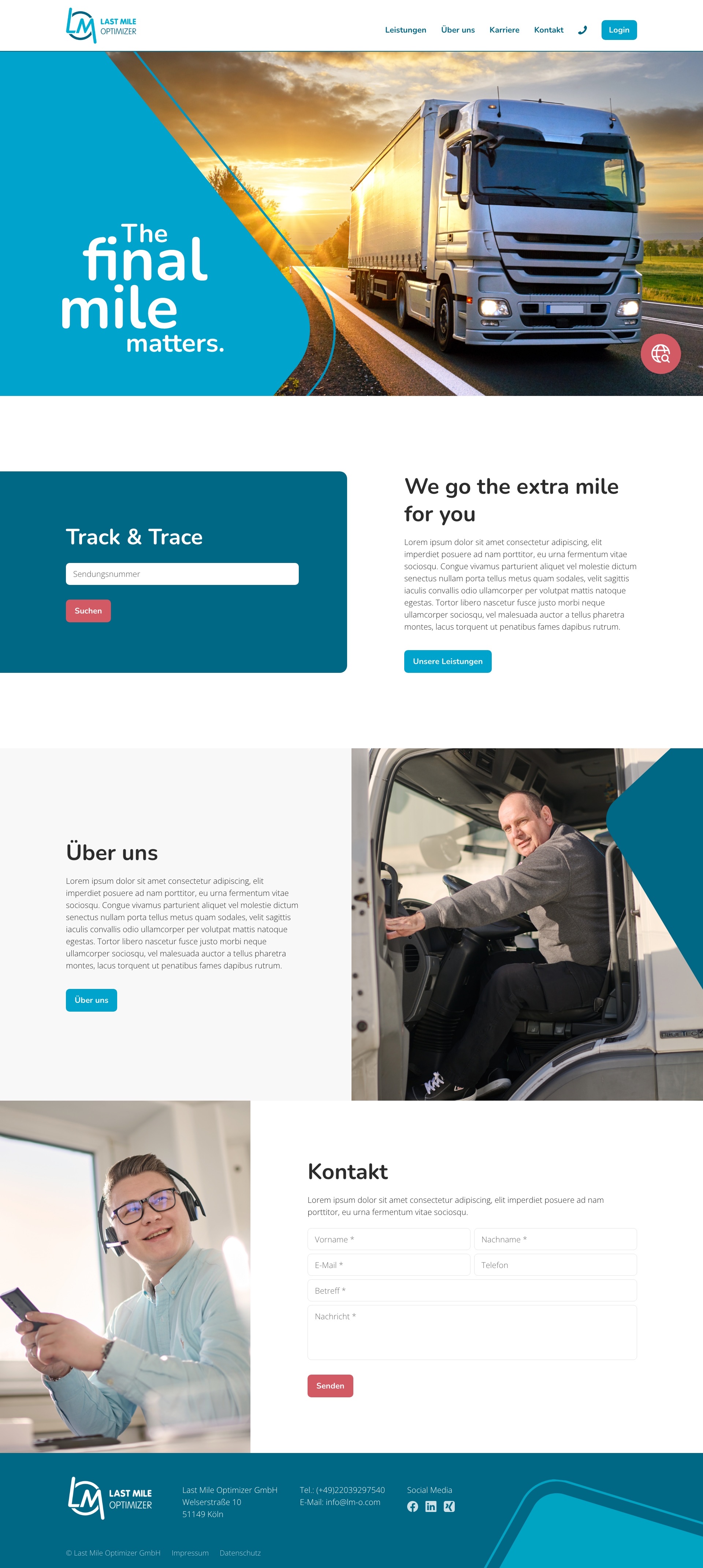 Startseite der Website von Last Mile Optimizer mit Lkw-Motiv und Sendungsverfolgung