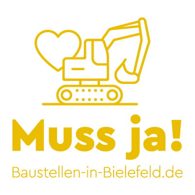 Gelbes Logo der Kampagne „Muss ja!“ mit stilisiertem Bagger und Herz sowie der Webadresse baustellen-in-bielefeld.de auf schwarzem Hintergrund