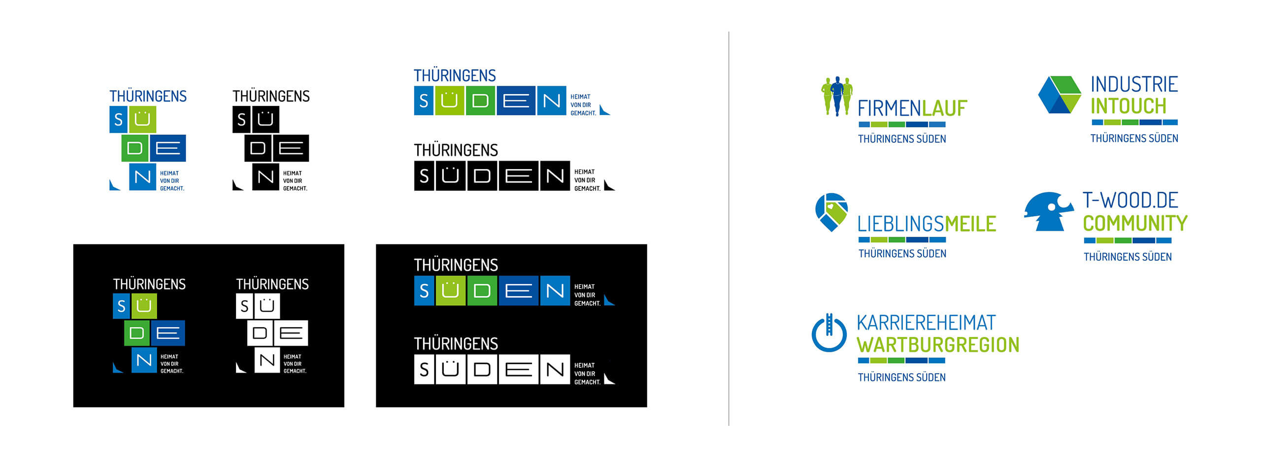 Logoentwicklung und Markenvarianten der Standortinitiative Thüringens Süden mit Submarken für Projekte, Netzwerke und Regionalmarketing
