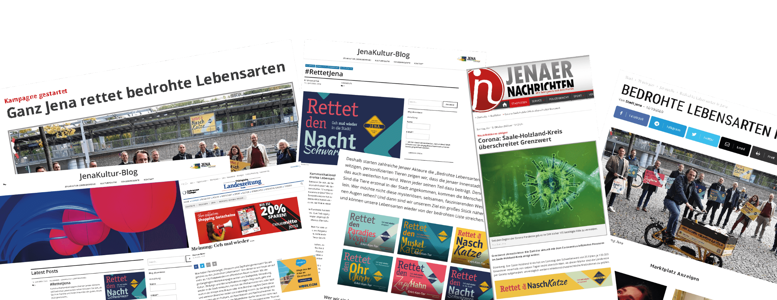 Zusammenstellung von Presseartikeln, Blogbeiträgen und Online-Plattformen mit Motiven und Inhalten der Kampagne „Rettet den …“ zur Innenstadtbelebung und Standortkommunikation in Jena