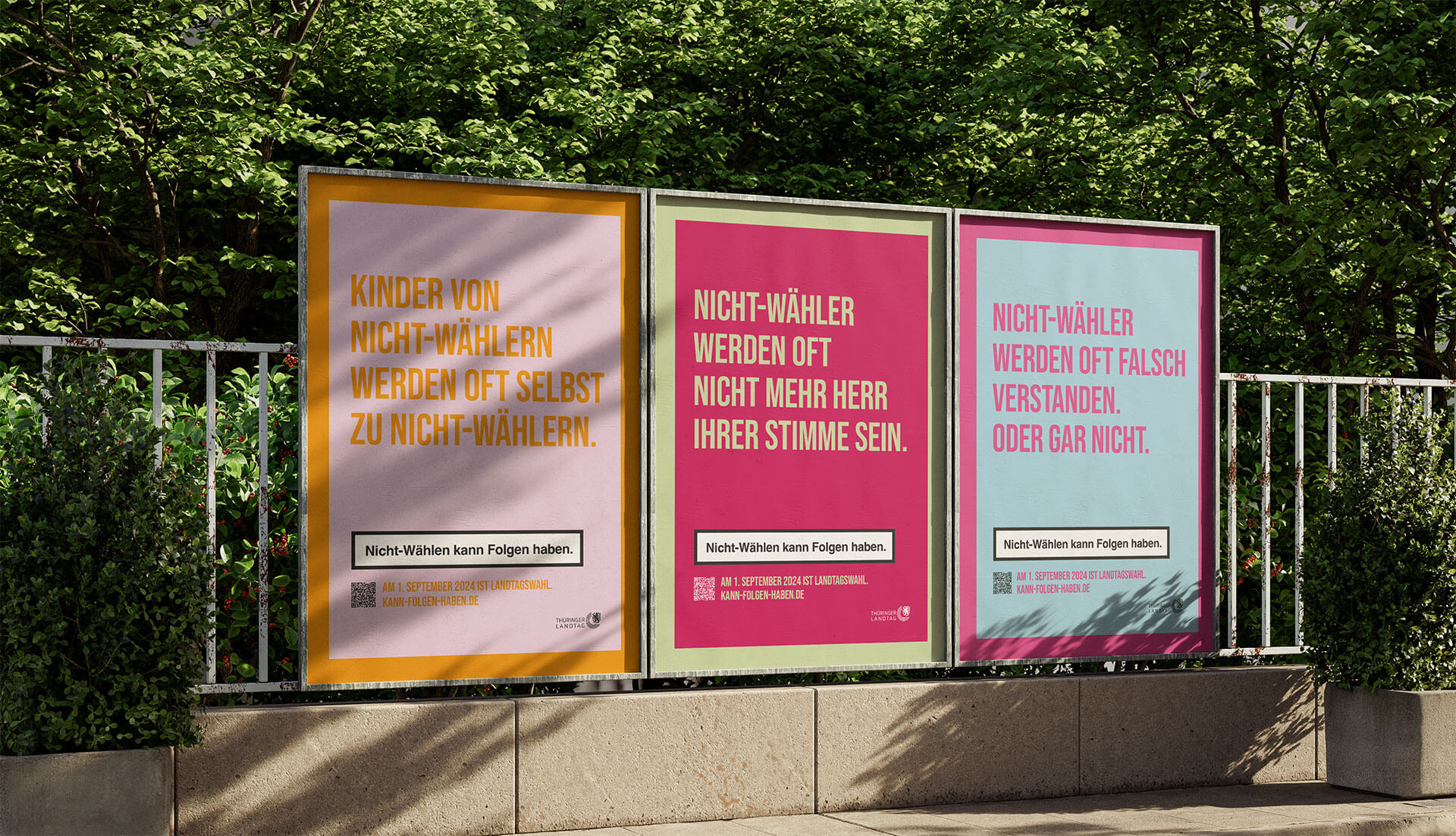 Plakatkampagne zur Landtagswahl Thüringen mit Motiven zur Wahlbeteiligung auf Großflächenplakaten im öffentlichen Raum
