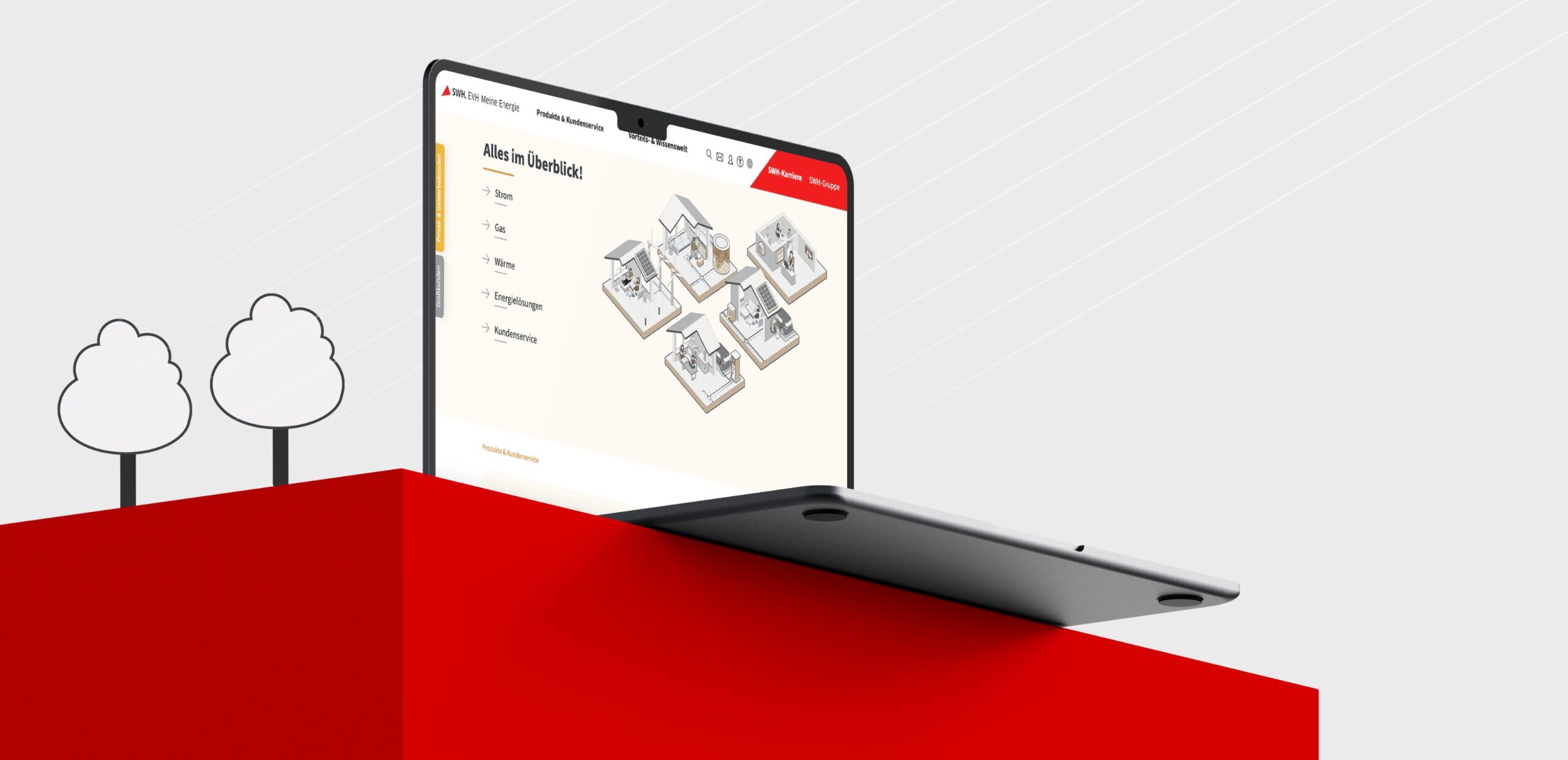 Laptop mit geöffneter Website der Stadtwerke Halle zu Energie- und Serviceangeboten, platziert auf einem roten Podest vor stilisierten Baumillustrationen