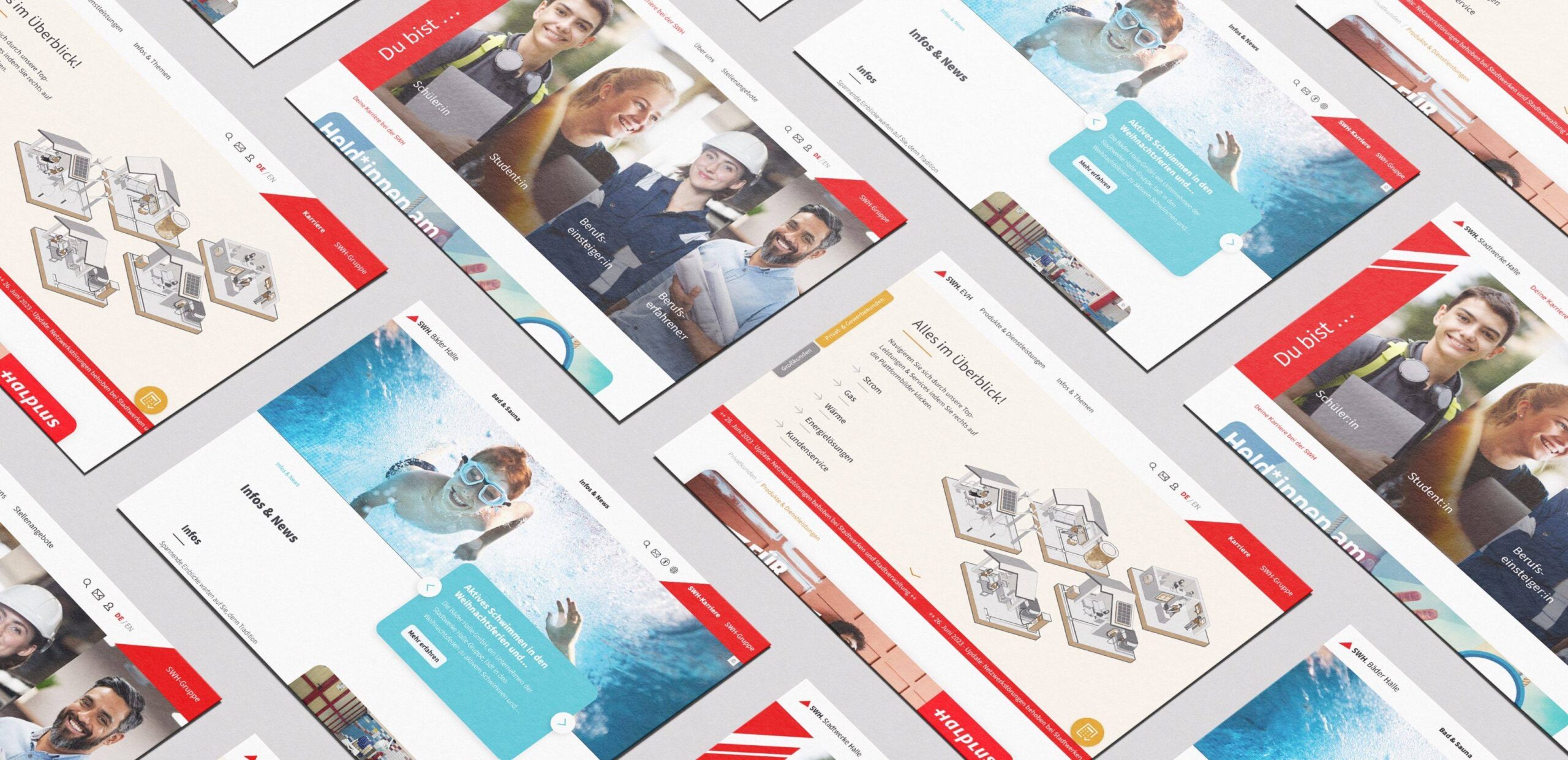 Mehrere nebeneinander angeordnete Layouts von Webseiten der Stadtwerke Halle mit unterschiedlichen Themen wie Ausbildung, Freizeit, Service und Energieversorgung, dargestellt in einem übersichtlichen Designraster