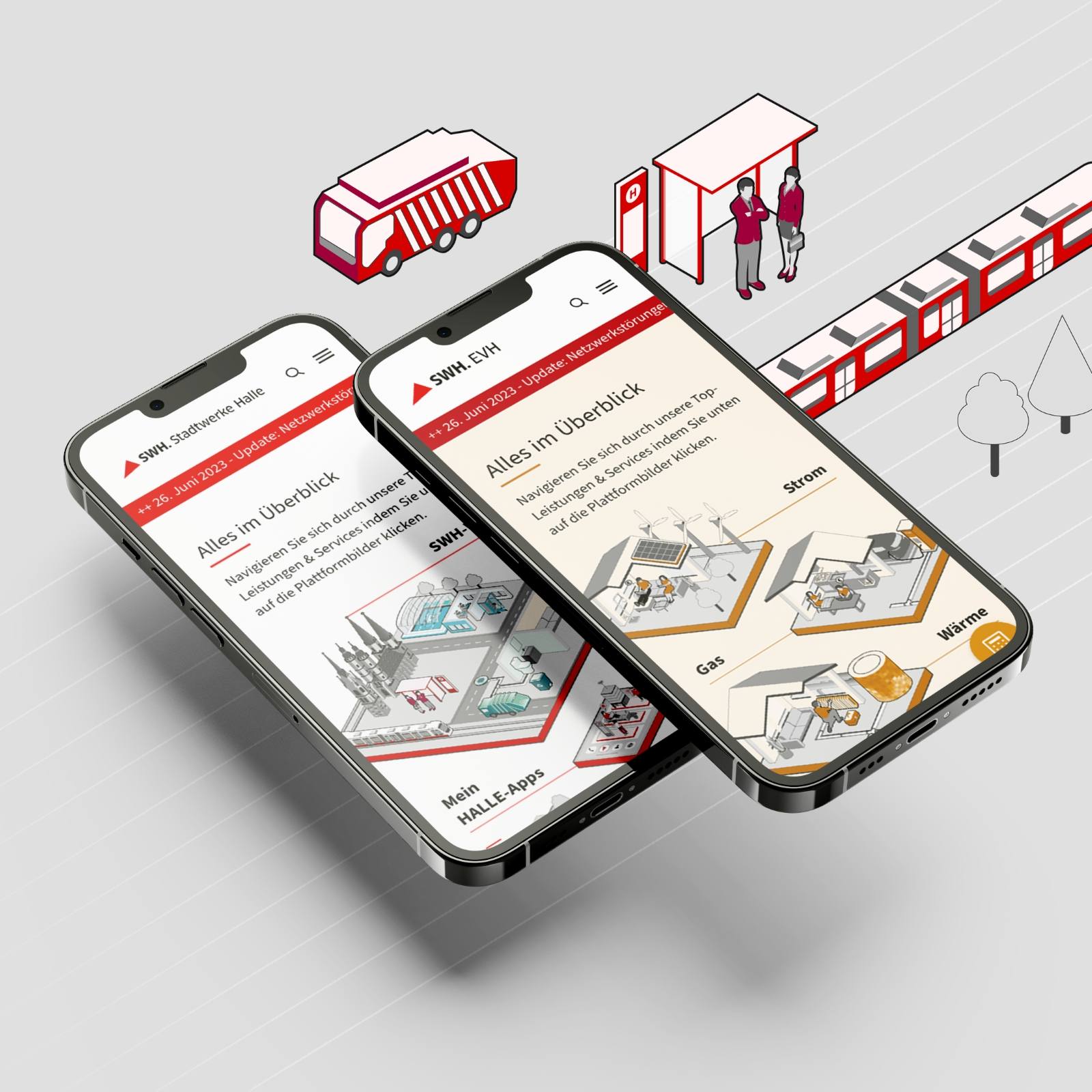 Zwei Smartphones mit der mobilen Website der Stadtwerke Halle, ergänzt durch stilisierte Illustrationen von Bus, Straßenbahn und Haltestelle, die verschiedene Mobilitäts- und Versorgungsangebote symbolisieren