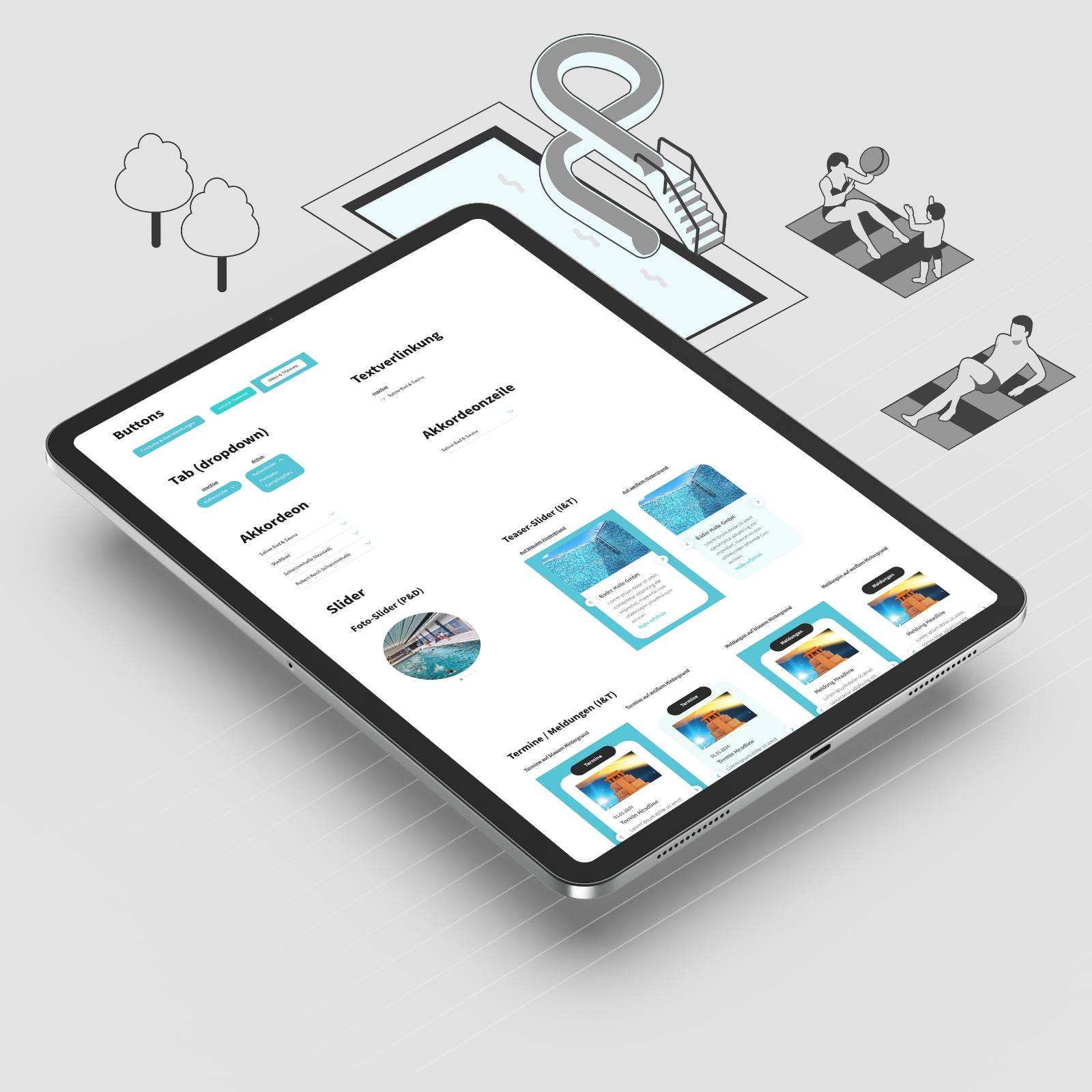 Tablet mit Benutzeroberfläche einer Website der Stadtwerke Halle, ergänzt durch stilisierte Illustrationen eines Schwimmbeckens mit Rutsche sowie Badegästen, die Freizeit- und Serviceangebote symbolisieren