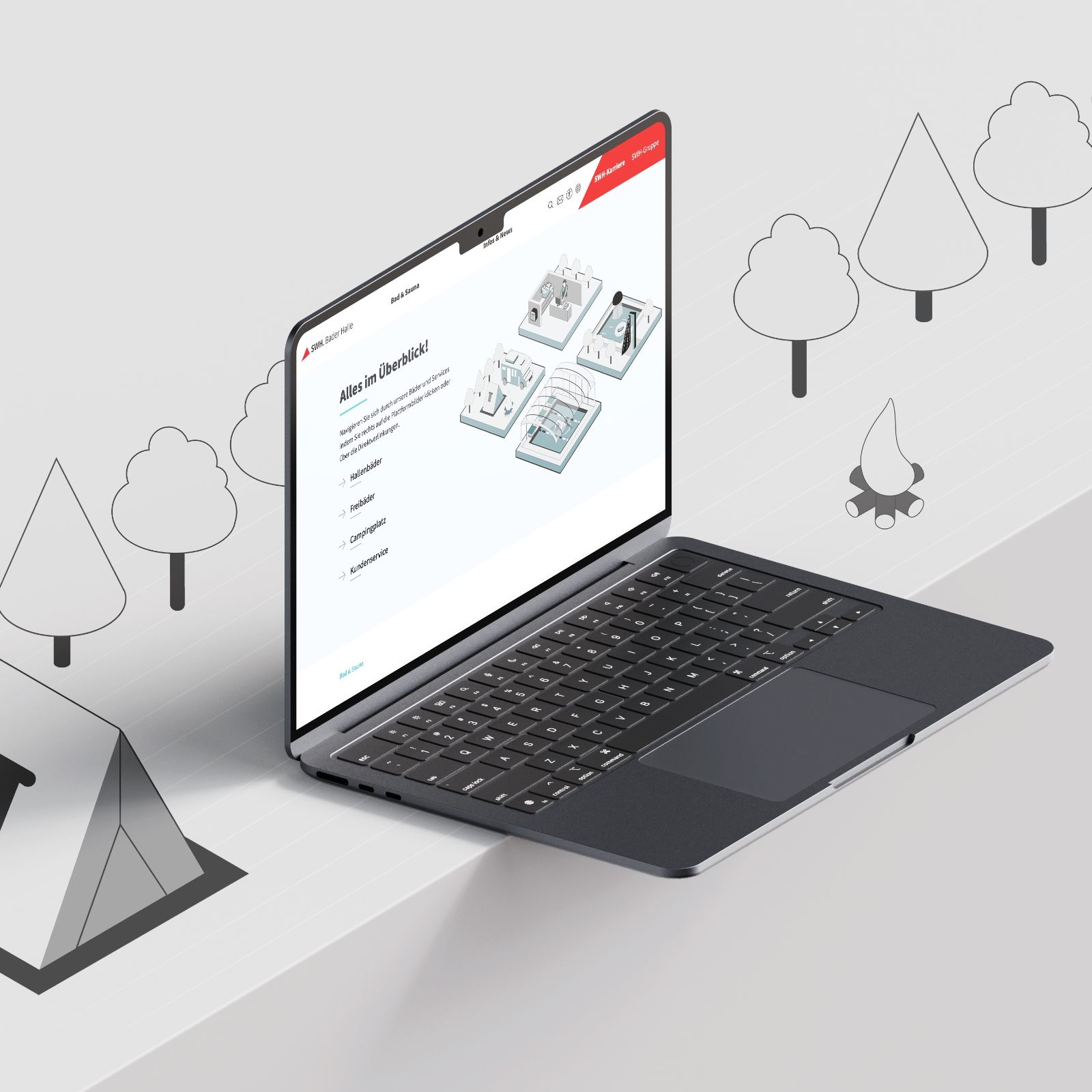Laptop mit geöffneter Website der Stadtwerke Halle, dargestellt in einer stilisierten Umgebung mit Symbolen für Freizeit und Service wie Bäume, Zelt und Lagerfeuer