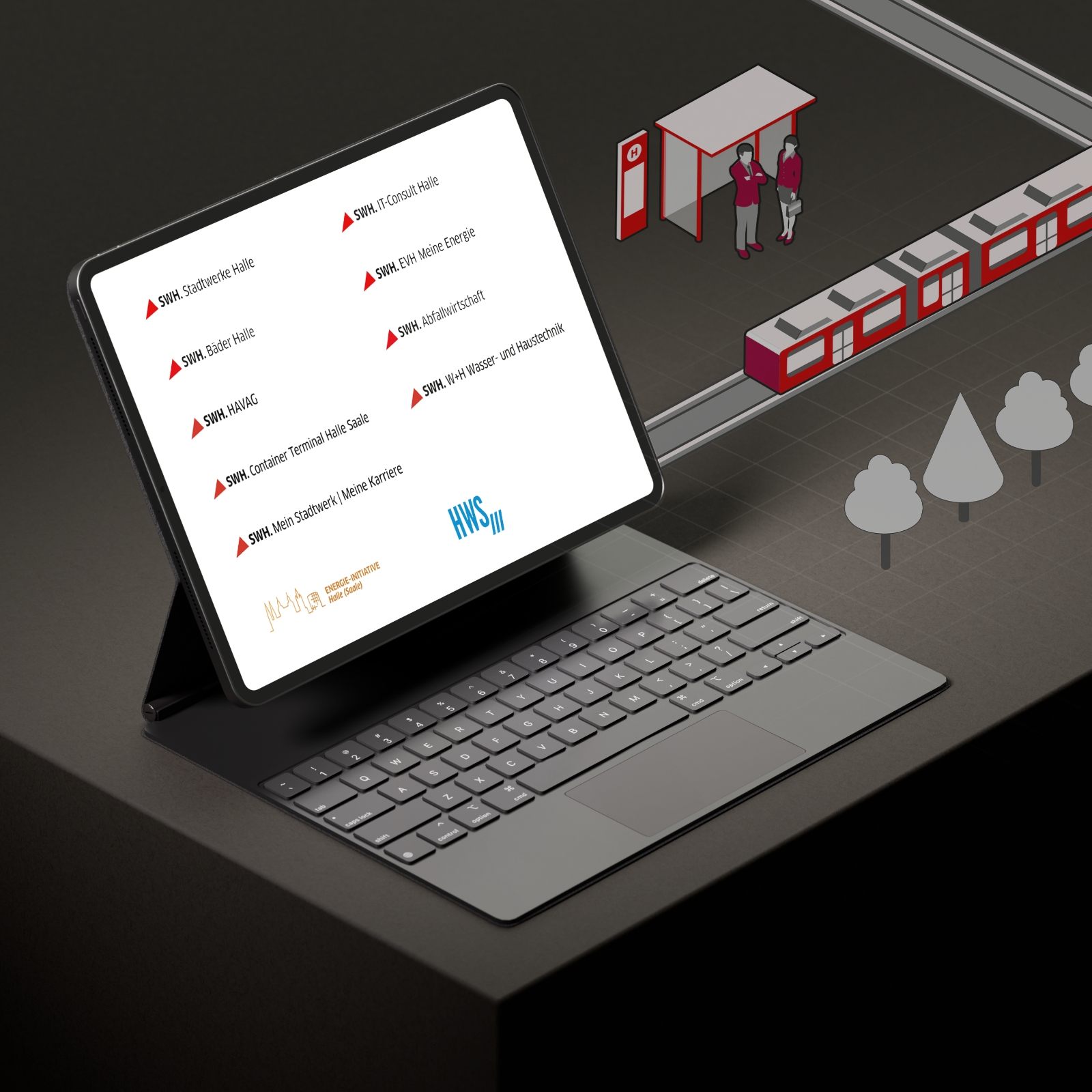 Tablet mit Übersicht der Unternehmensbereiche der Stadtwerke Halle, daneben stilisierte Illustrationen von Straßenbahn und Haltestelle als Symbol für Mobilitäts- und Versorgungsangebote