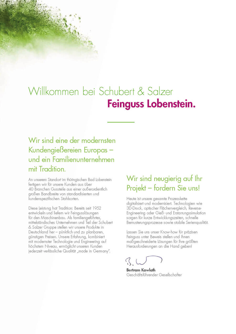 Einleitungsseite der Unternehmensbroschüre von Schubert & Salzer Feinguss Lobenstein mit Vorstellung des Familienunternehmens, seiner Tradition und modernen Fertigungskompetenz, gestaltet mit grünen Farbelementen und Begrüßungstext des Geschäftsführers
