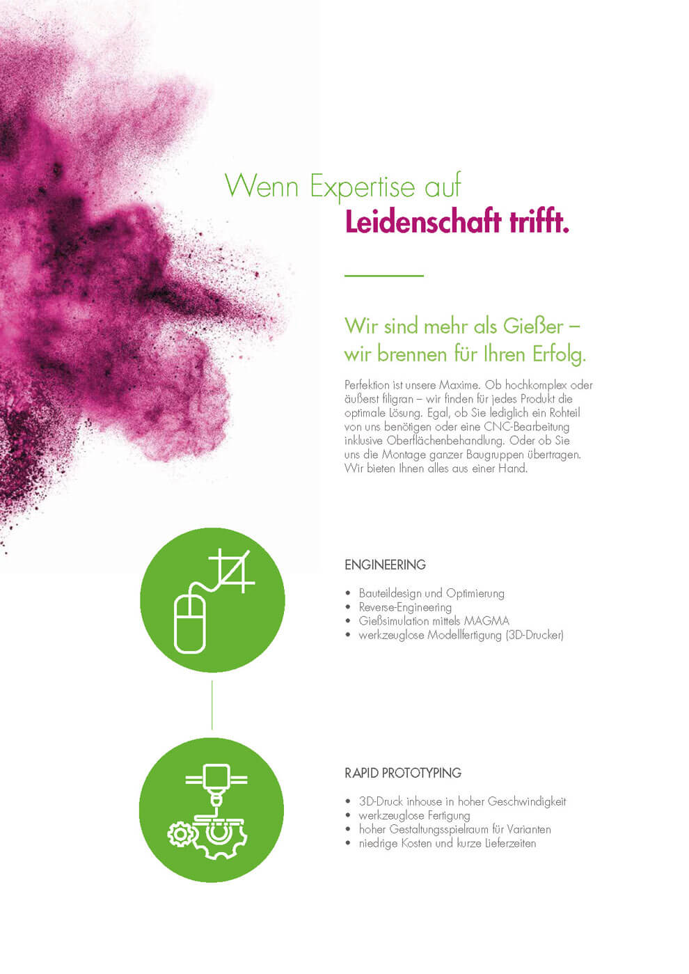 Unternehmensseite von Schubert & Salzer mit Leitmotiv zu Expertise und Leidenschaft sowie Darstellung der Leistungen im Engineering und Rapid Prototyping, gestaltet mit magentafarbenem Farbeffekt und grünen Icons