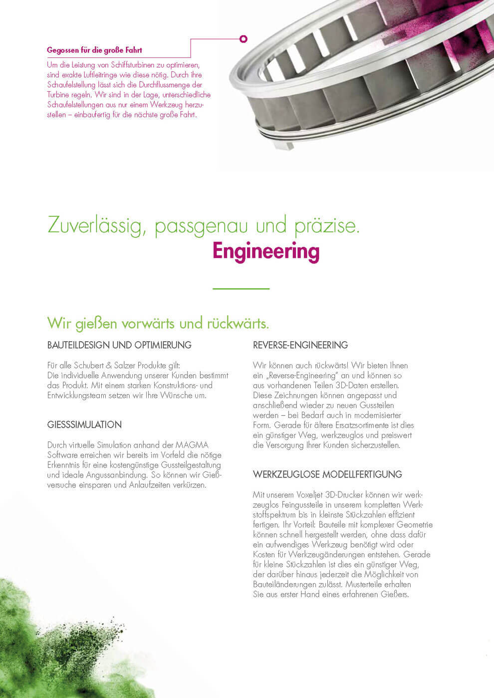 Informationsseite zum Engineering bei Schubert & Salzer mit Leistungen wie Bauteildesign, Gießsimulation und Reverse Engineering, ergänzt durch die Darstellung eines präzisen Turbinenbauteils und grüne Farbelemente im Hintergrund