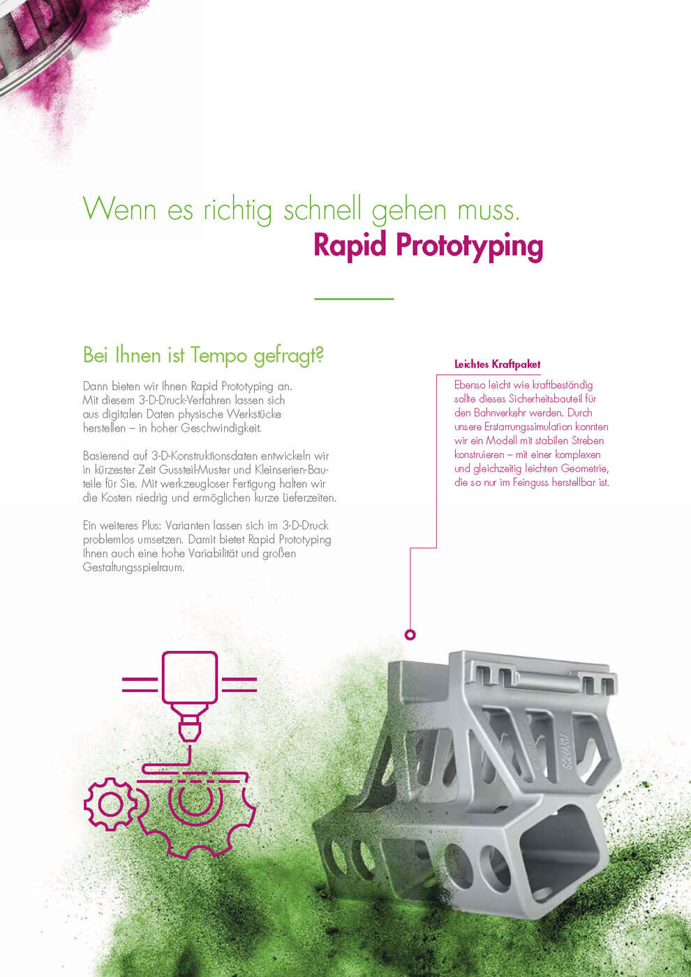 Informationsseite zum Rapid Prototyping bei Schubert & Salzer mit Beschreibung schneller Fertigung mittels 3D-Druck sowie Darstellung eines komplexen metallischen Prototyp-Bauteils, umgeben von grünen Farbpigmenten