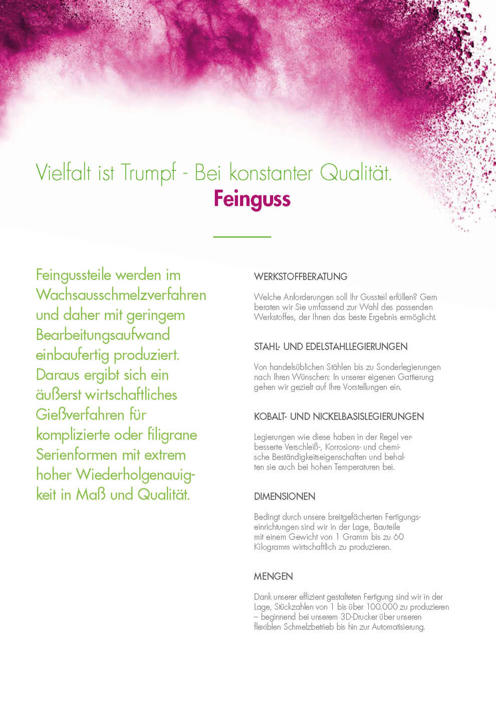 Informationsseite zum Feinguss bei Schubert & Salzer mit Erläuterungen zum Wachsausschmelzverfahren, Werkstoffberatung und Fertigungsmöglichkeiten, gestaltet mit magentafarbenen Farbelementen im oberen Seitenbereich