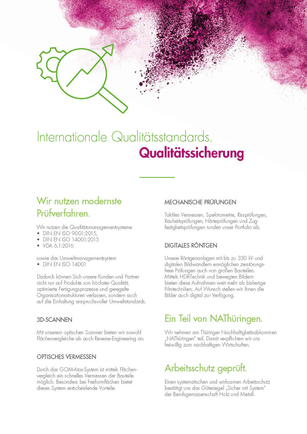 Informationsseite zur Qualitätssicherung bei Schubert & Salzer mit Hinweisen auf internationale Qualitätsstandards, Prüfverfahren und Zertifizierungen, gestaltet mit grünem Prüfsymbol und magentafarbenen Farbelementen