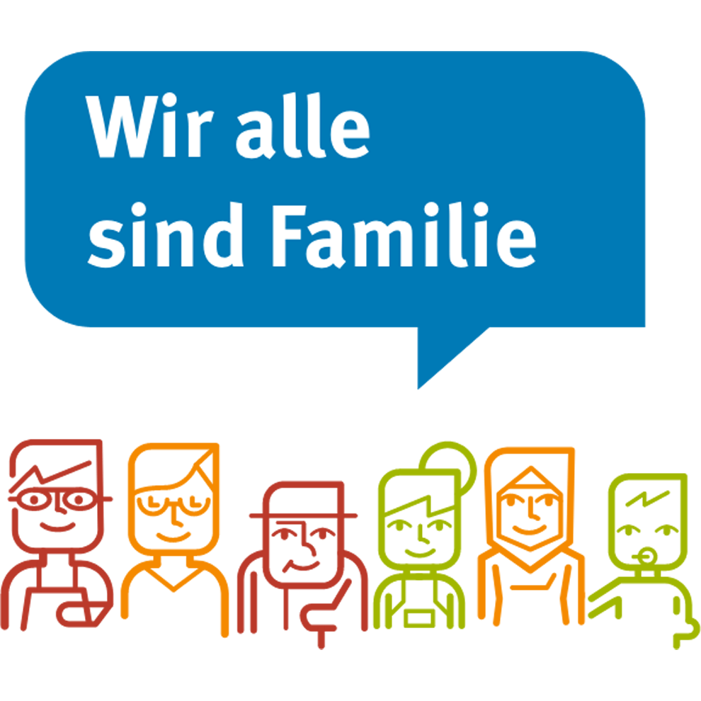 Sprechblase mit dem Text „Wir alle sind Familie“ über einer Reihe stilisierter, unterschiedlich dargestellter Personen, die Vielfalt von Familienformen und Generationen symbolisieren