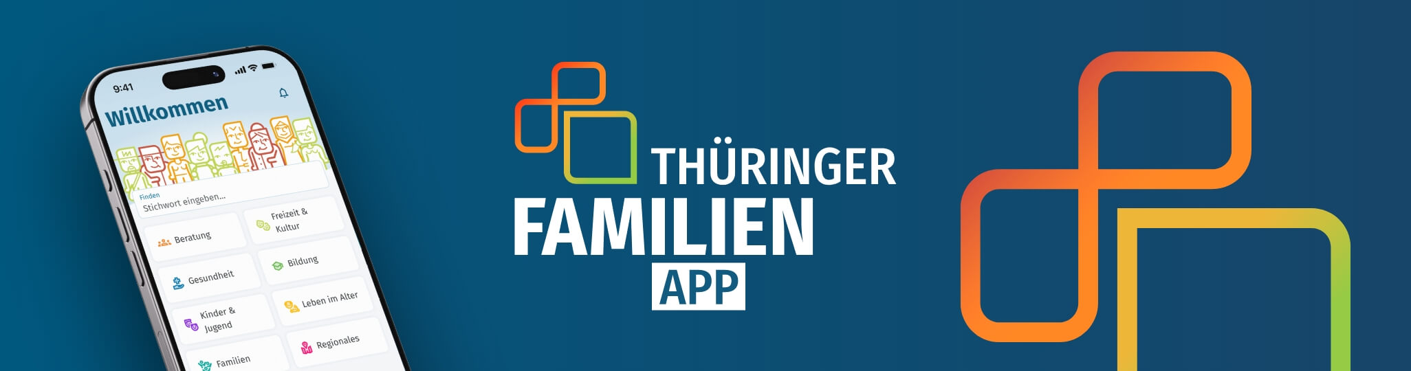 Logo der Thüringer Familien-App auf blauem Hintergrund neben der Abbildung eines Smartphones mit geöffneter App-Oberfläche, die verschiedene Unterstützungs- und Informationsangebote für Familien zeigt