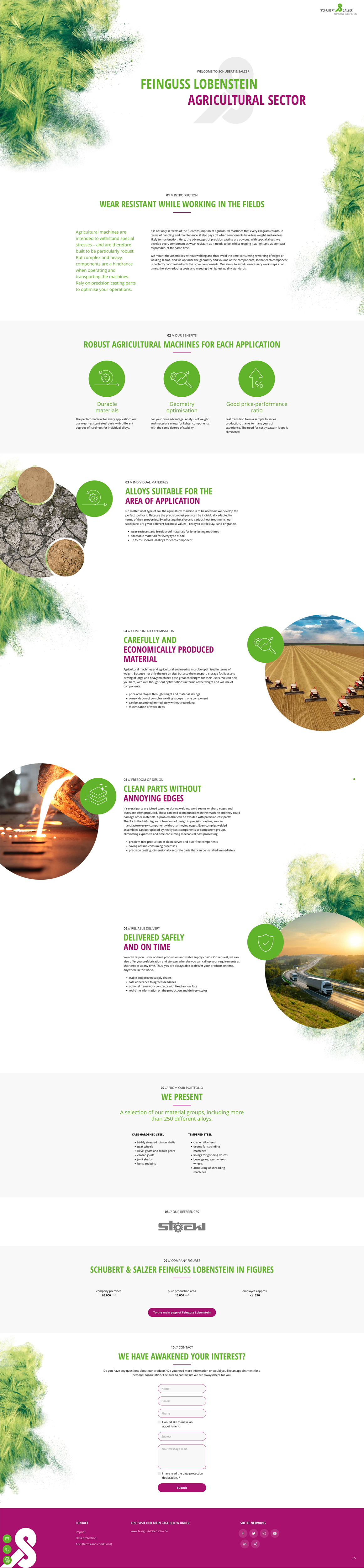 Lange Onepage-Webseite zum Thema Feingusslösungen für den Agrarsektor mit grünen Gestaltungselementen, Produktvorteilen, Anwendungsbereichen und Kontaktformular als Informations- und Marketingseite für industrielle Kunden