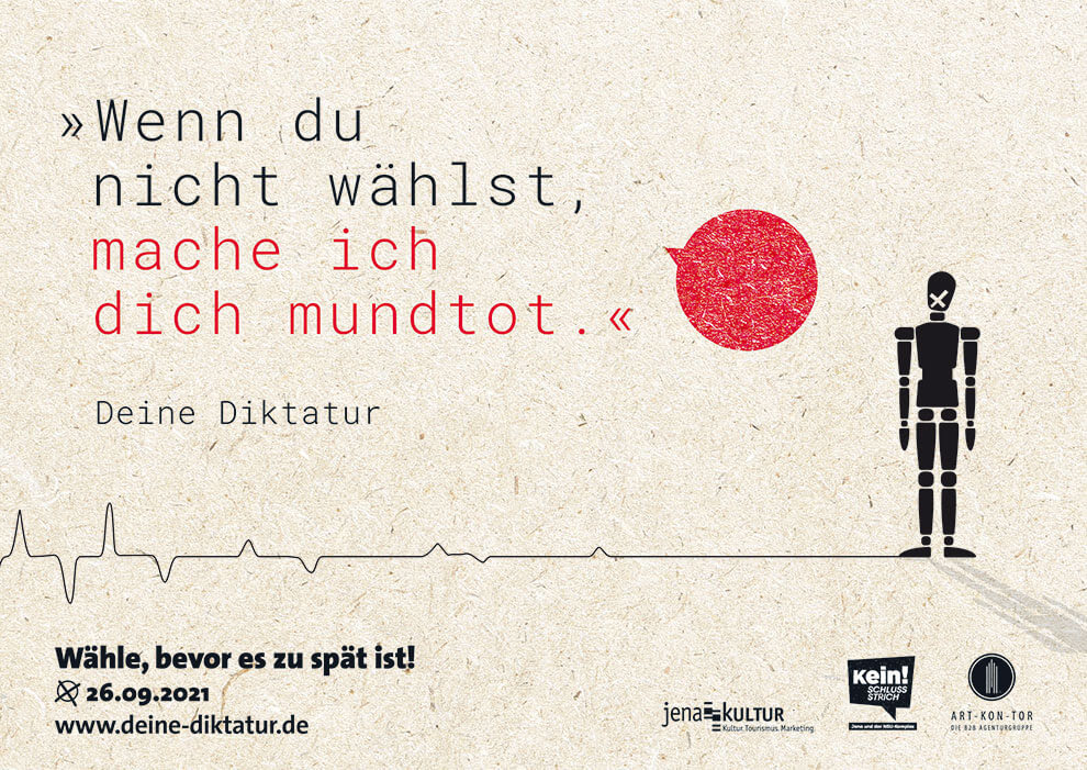 Kampagnenplakat zur Wahlbeteiligung mit stilisierter Figur, rotem Symbol und dem Hinweis „Wähle, bevor es zu spät ist“