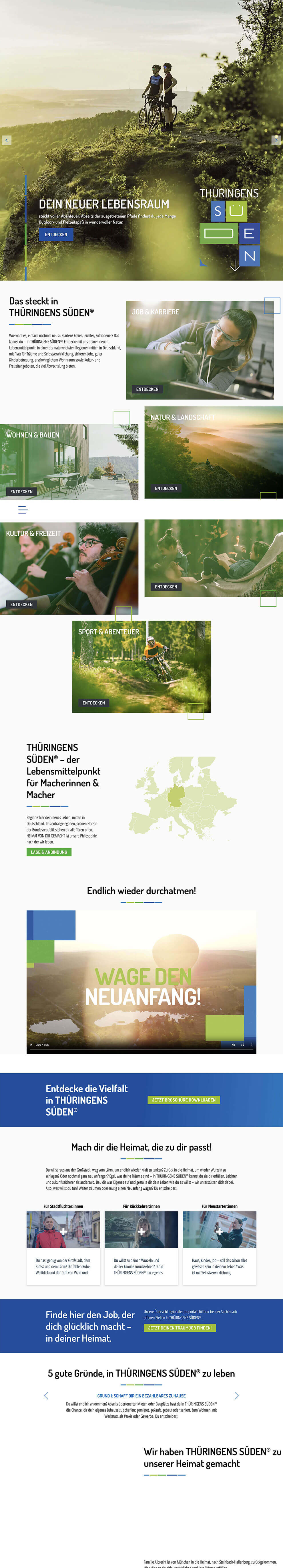 Mehrseitige Website für die Standortkampagne „THÜRINGENS SÜDEN“ mit Natur- und Freizeitmotiven, Informationen zu Leben, Arbeiten und Wohnen sowie Angeboten zur Jobsuche und Neuorientierung in der Region