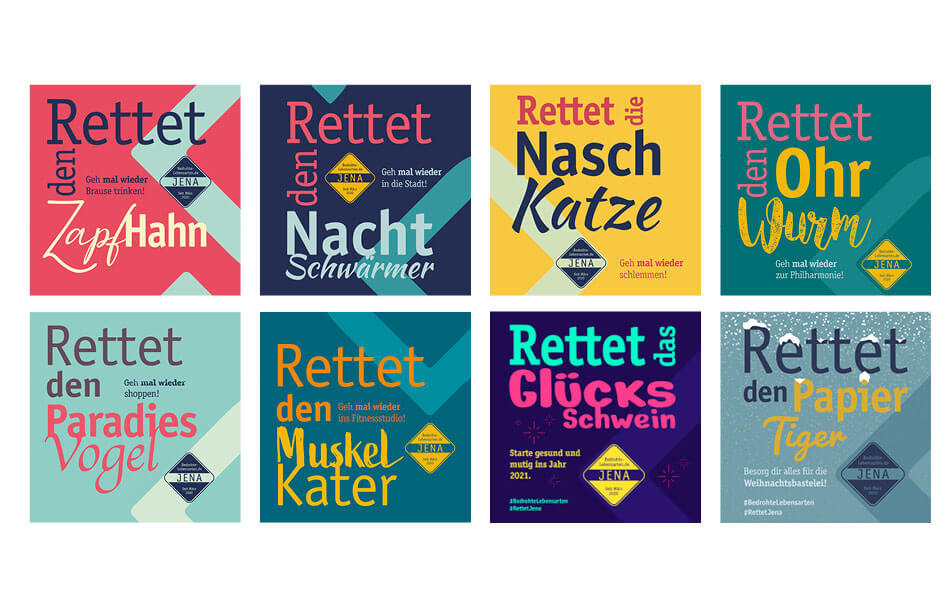 Serie von Social-Media-Motiven der Kampagne „Rettet den …“ zur Innenstadtbelebung und Standortkommunikation in Jena