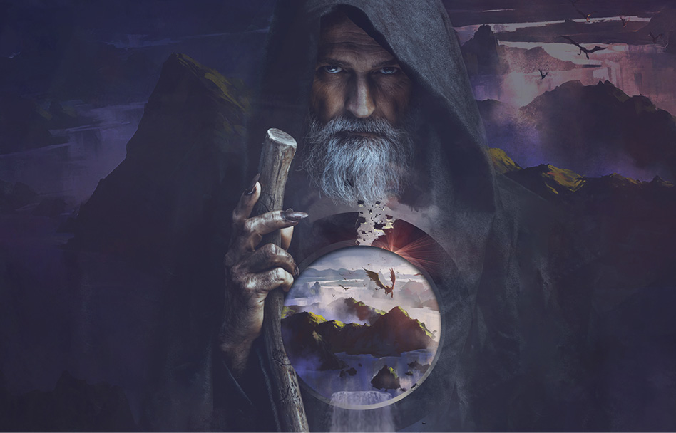 Mystische Illustration eines Zauberers mit Landschaftsszene als Key Visual für Markeninszenierung und kreatives Storytelling